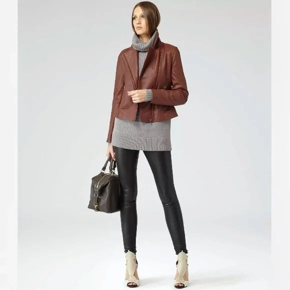 Reiss Cognac Brown Banksy Leather Biker Jacket - Picture 3 of 12